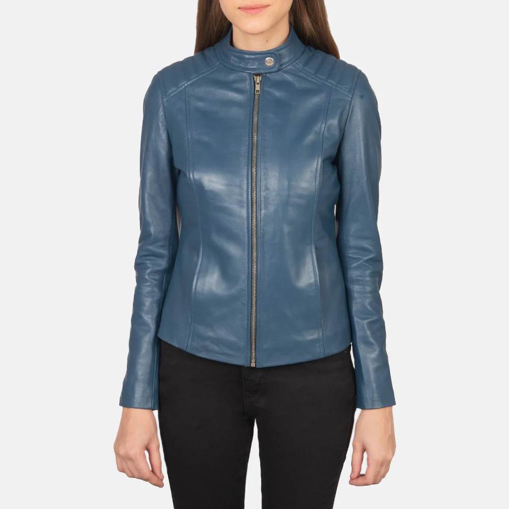 NOVRIC Kelsee Women's Blue Leather Biker Jacket