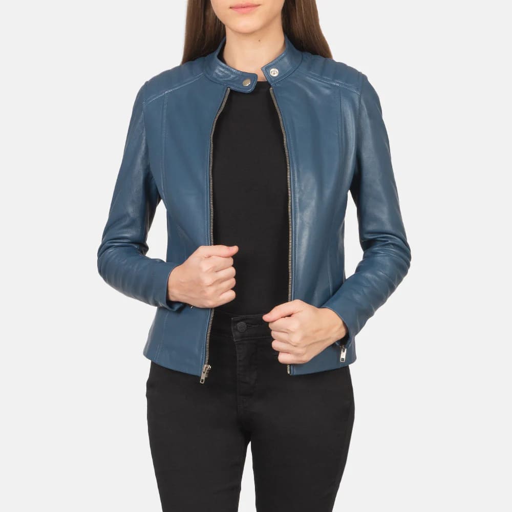NOVRIC Kelsee Women's Blue Leather Biker Jacket