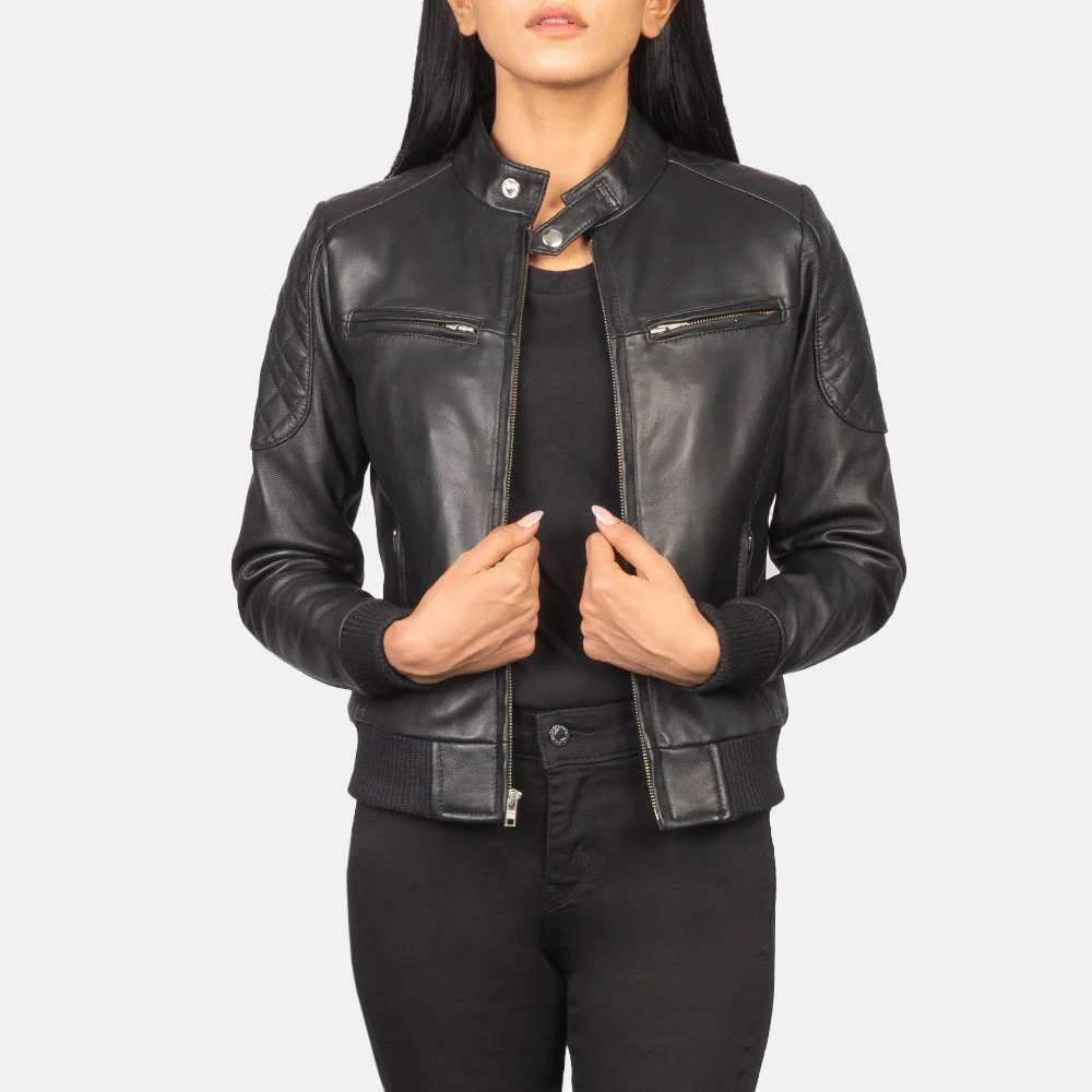 NOVRIC Zenna Women's Black Leather Bomber Jacket