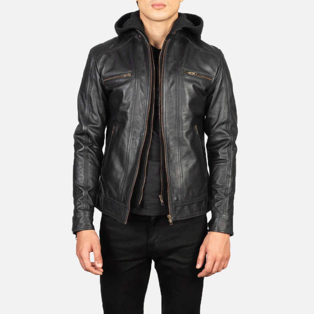 Novric Hector Black Hooded Leather Biker Jacket