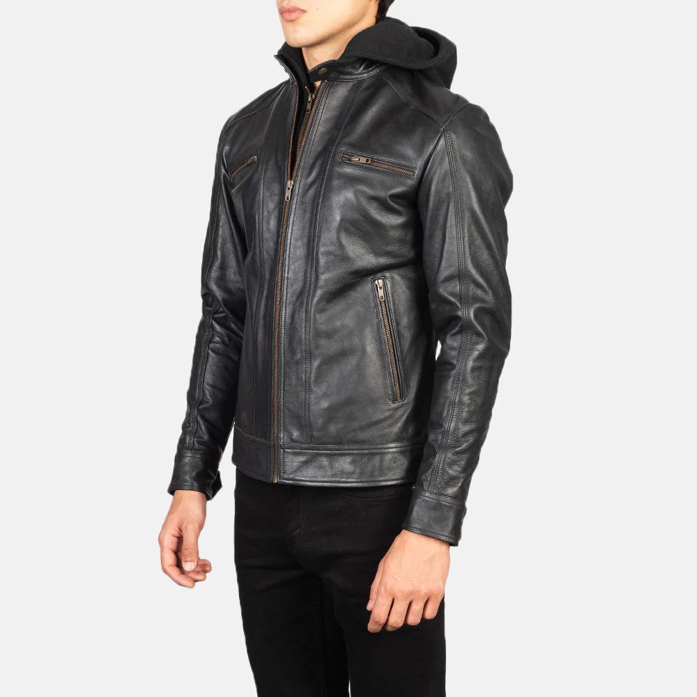 Novric Hector Black Hooded Leather Biker Jacket