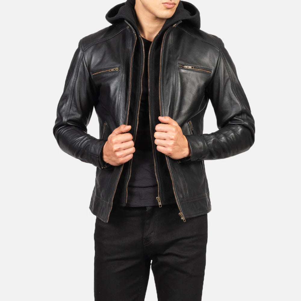 Novric Hector Black Hooded Leather Biker Jacket
